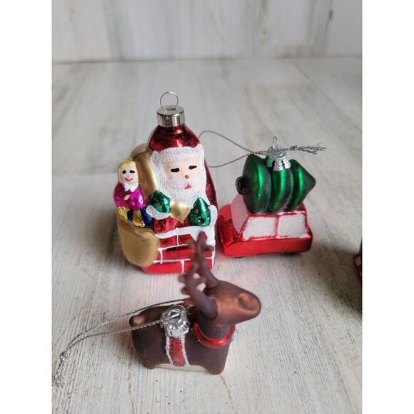 Blown glass Santa Claus chimney red card tree reindeer sleigh set ornament Xmas - Picture 3 of 7